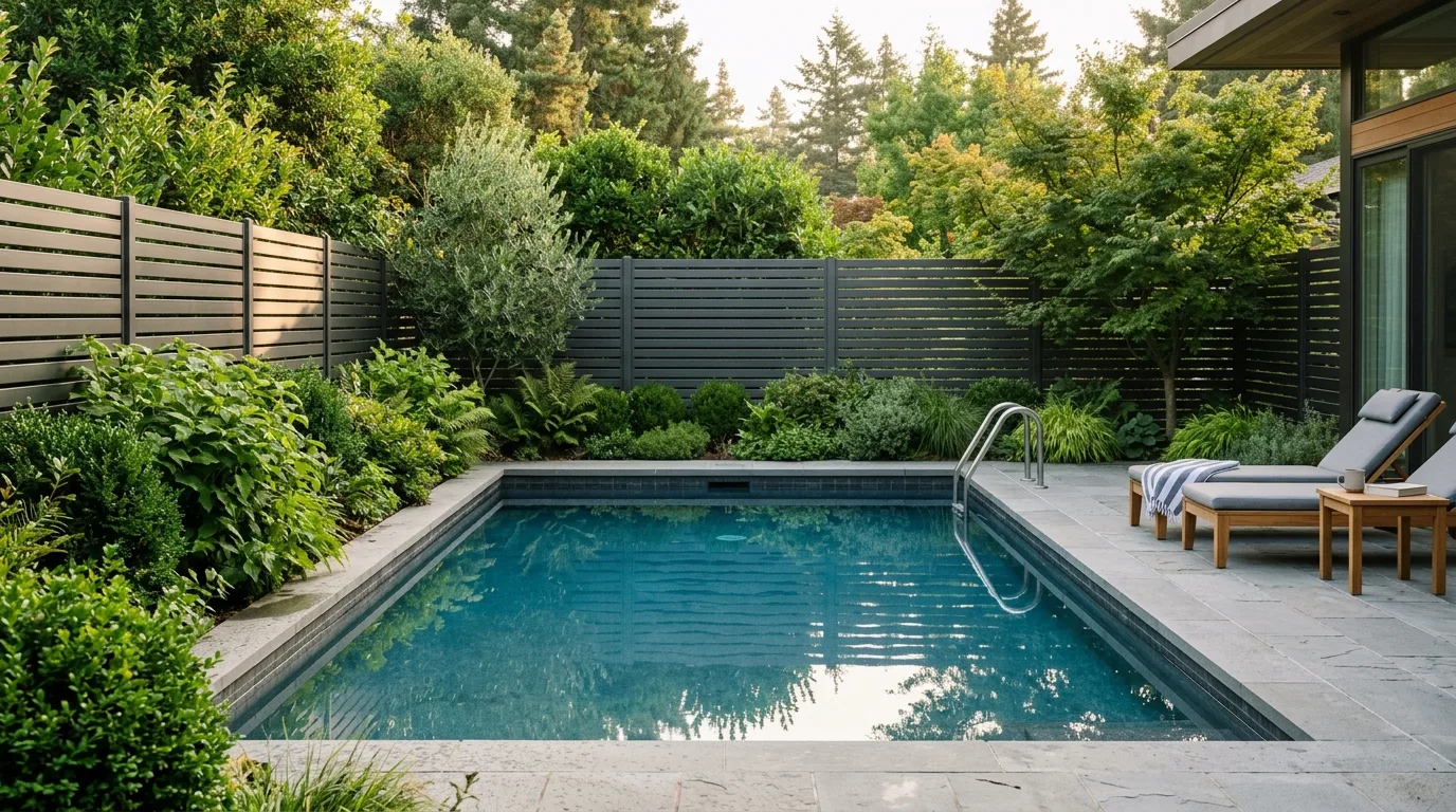Pool With Horizontal Metal Slat Fence
